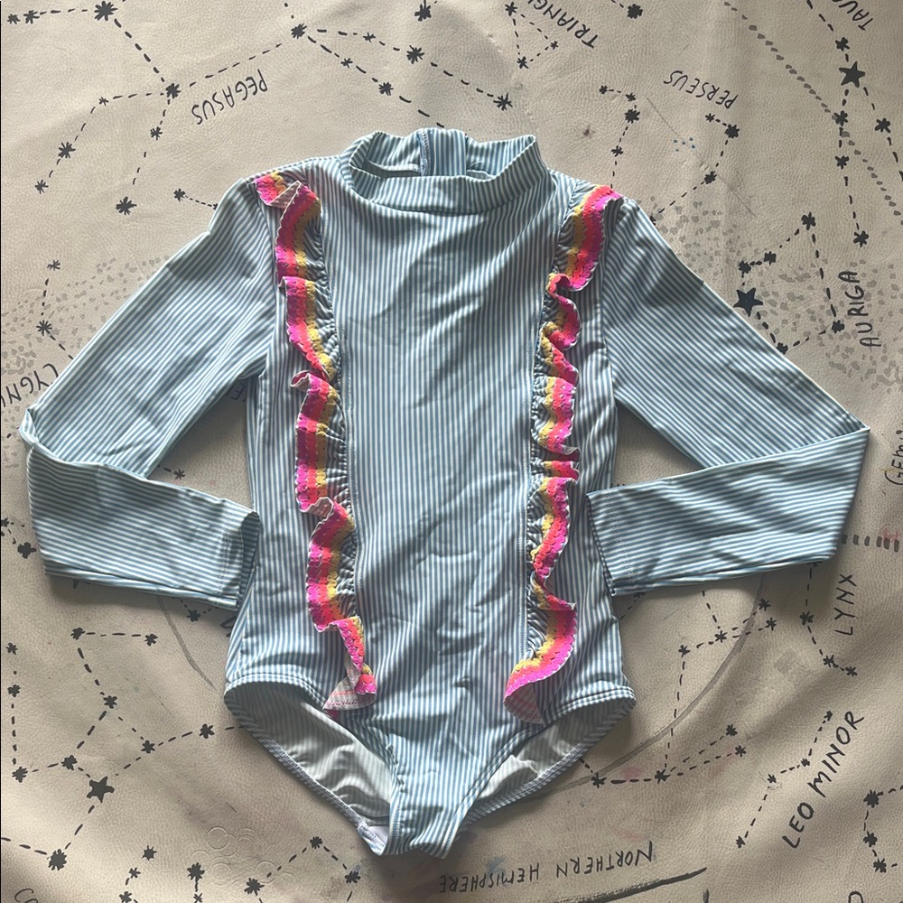 Mini Boden Striped Long Sleeve Swimsuit with Ruffle Accents